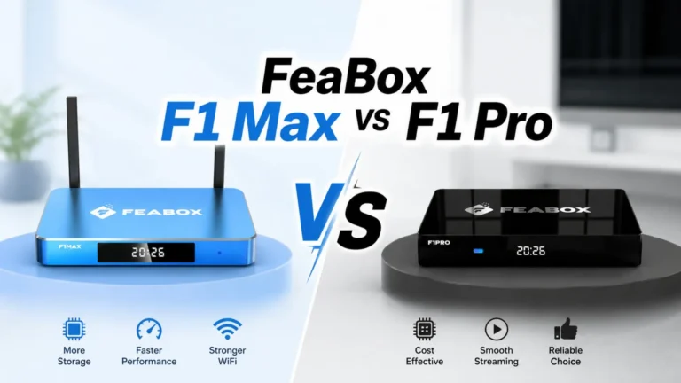 Side-by-side hardware comparison of FeaBox F1 Max vs F1 Pro highlighting storage and performance specs.