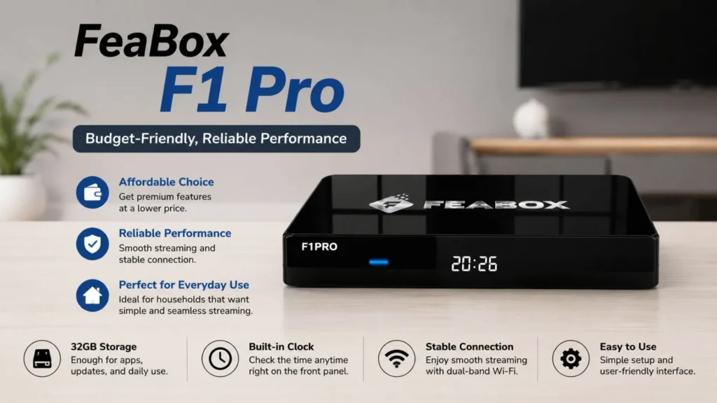 FeaBox F1 Pro feature breakdown showcasing 32GB storage, built-in clock, and stable dual-band Wi-Fi connection.