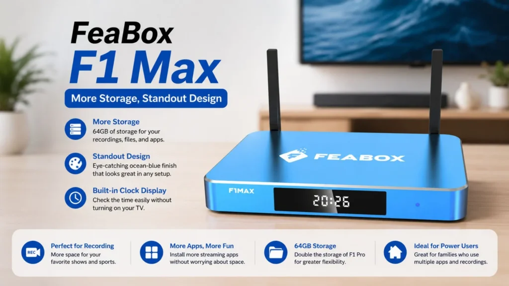 FeaBox F1 Max overview featuring an ocean-blue metallic finish, dual external antennas, and 64GB storage capacity.