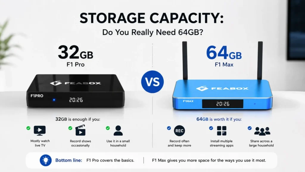 Storage capacity comparison in the FeaBox F1 Max vs F1 Pro lineup to help choose between 32GB and 64GB hardware options.