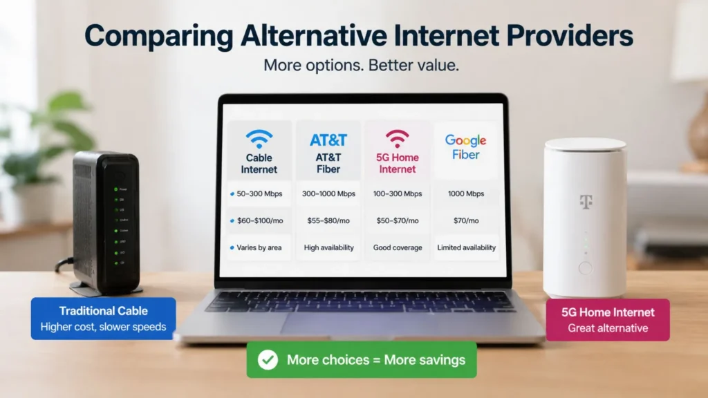 Compare alternative fiber and 5G home providers to discover how to save on cable and internet costs