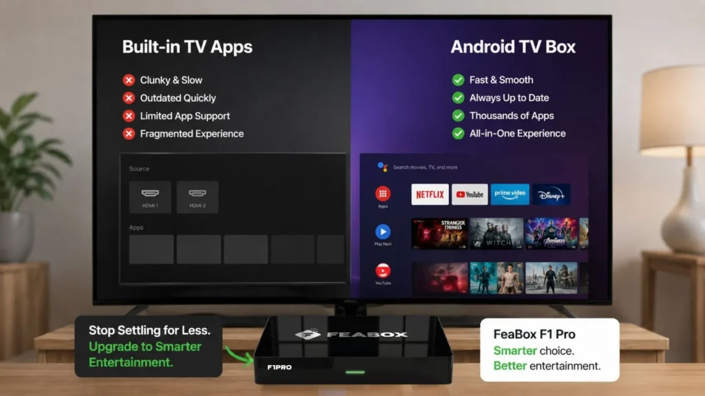 Upgrade from slow built-in TV apps to a dedicated, high-performance Android TV box for smarter entertainment