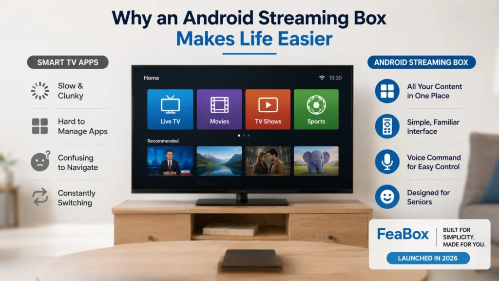 Android streaming box interface designed for simple navigation and senior-friendly control