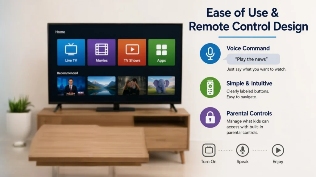 Senior-friendly remote control featuring intuitive voice commands and clear, simple navigation