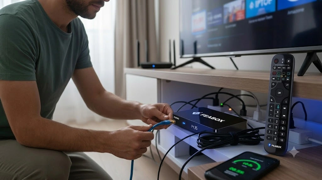 Setting up the FEABOX F1PRO Android TV box for smooth, ultra-fast streaming.