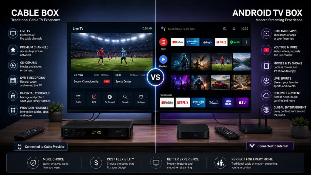 Cable box vs Android TV box for traditional cable and streaming entertainment