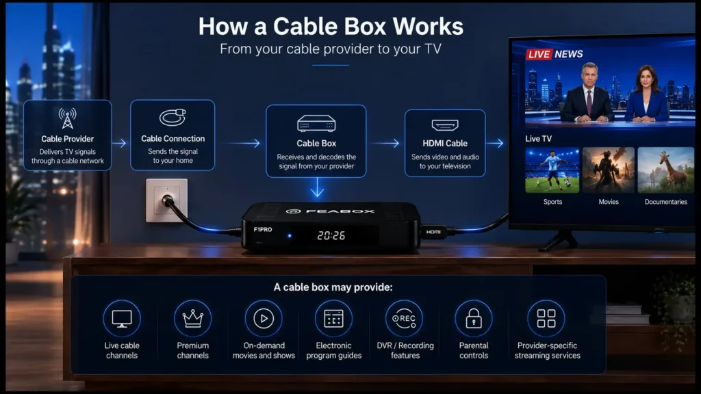 How a cable box connects cable service to a TV through HDMI