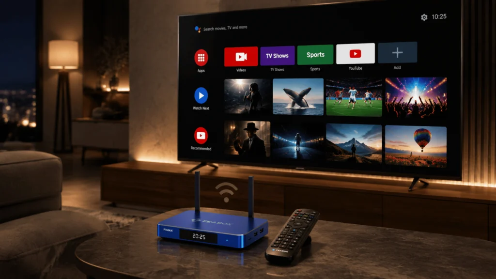 FEABOX F1MAX Android TV box with remote for smart streaming entertainment

