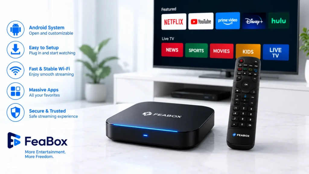 FeaBox Android TV box and remote control on a wooden table in a modern living room.