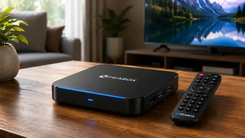 FeaBox Android TV box and remote control on a wooden table in a modern living room.