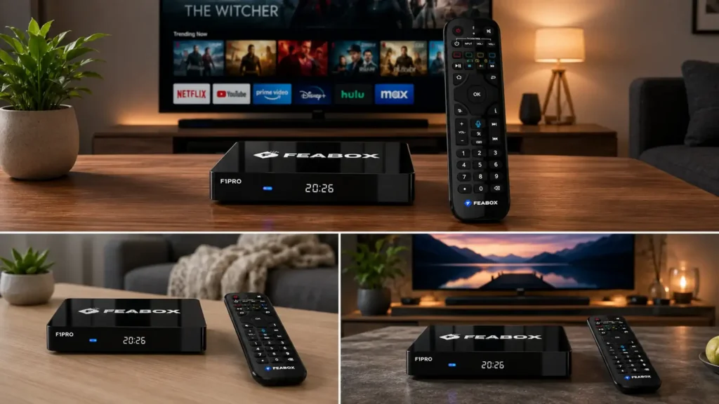 FeaBox digital box for televisions with remote control in a modern living room