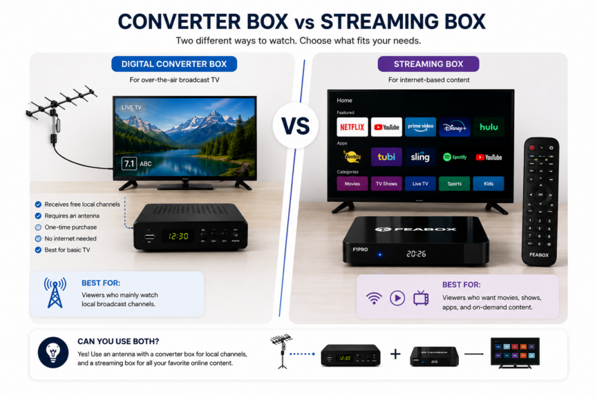 FeaBox digital box for televisions with remote control in a modern living room