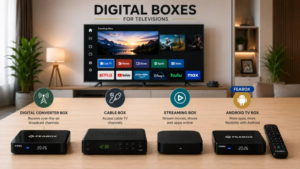 Digital boxes for televisions, including a digital converter box, cable box, streaming box, and FeaBox Android TV box