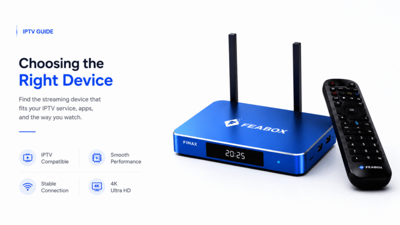 Blue FeaBox Android TV Box with remote on a white background, illustrating how to choose a streaming device for IPTV, with highlights for IPTV compatibility, smooth performance, stable connection, and 4K Ultra HD.