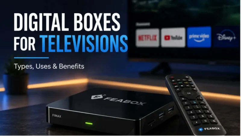 Digital boxes for televisions featuring a FeaBox streaming box and remote