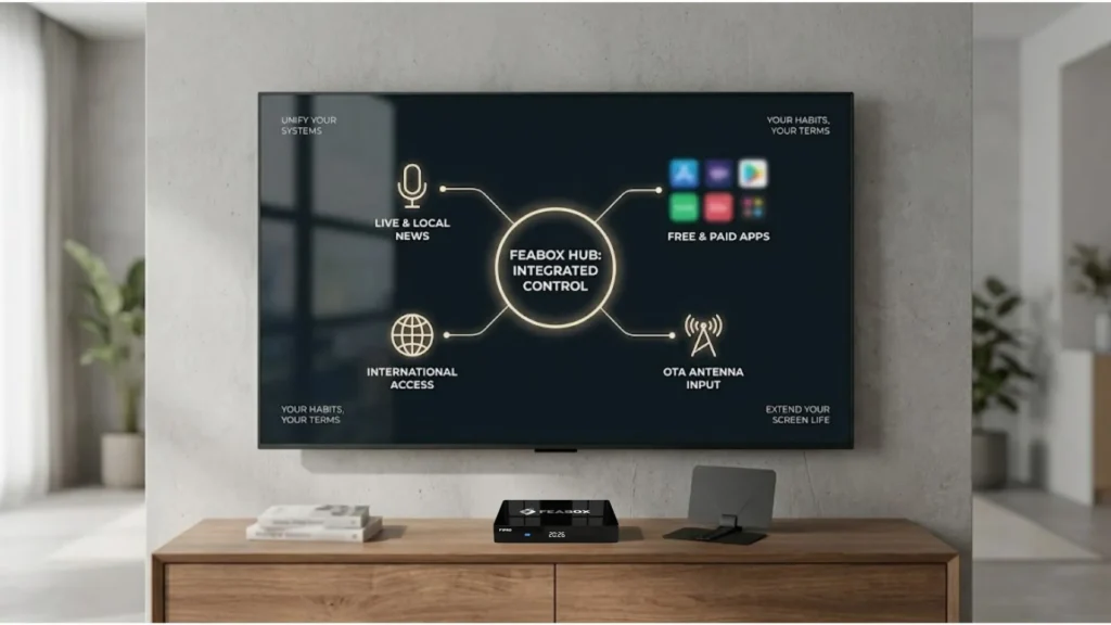 Integrated hardware control hub unifying local news, antennas, and international media.