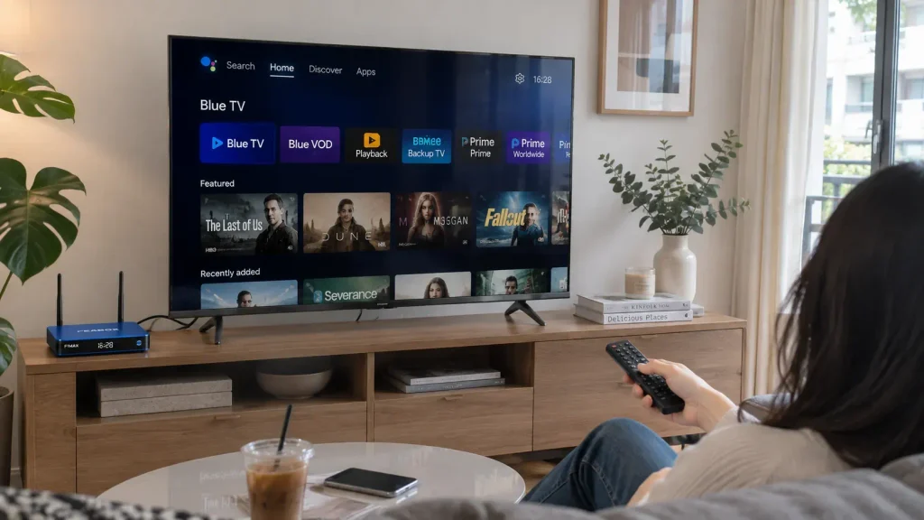 Android TV box providing a flexible streaming experience on a compatible television with apps and entertainment services.