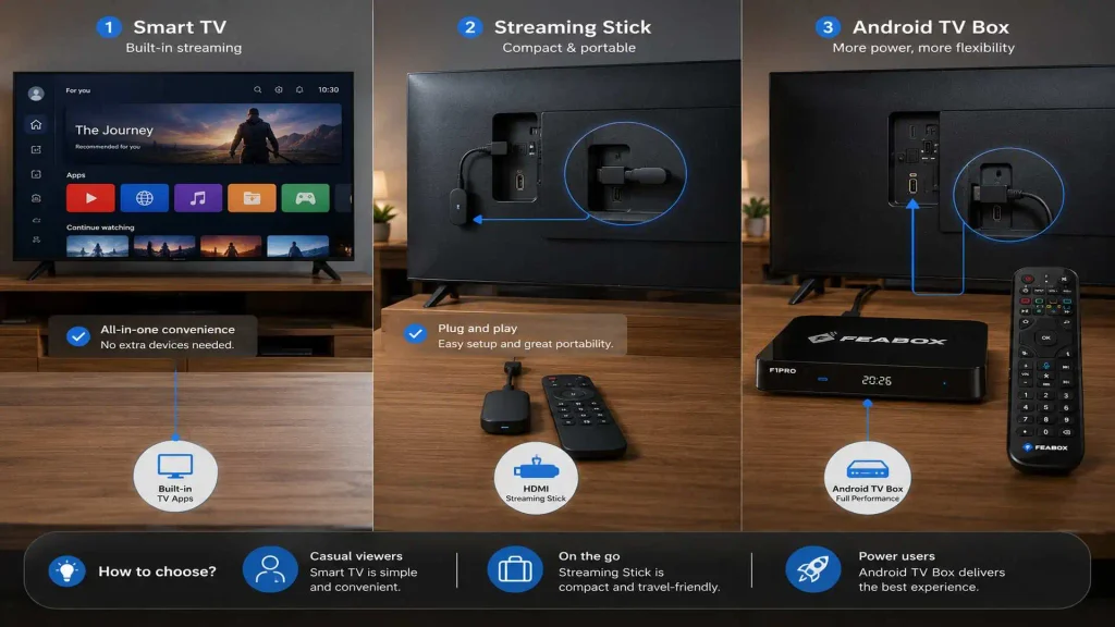 Best streaming device for TV for IPTV: Smart TV, streaming stick, and Android TV box comparison
