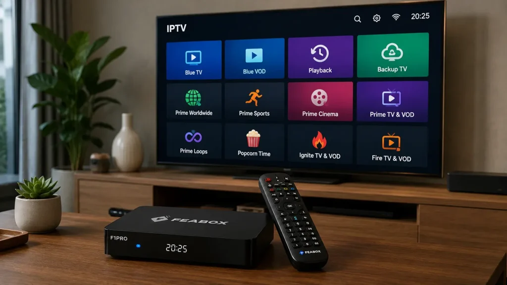 FEABOX F1PRO streaming box for IPTV with remote control displayed in front of a TV showing IPTV channels and VOD options