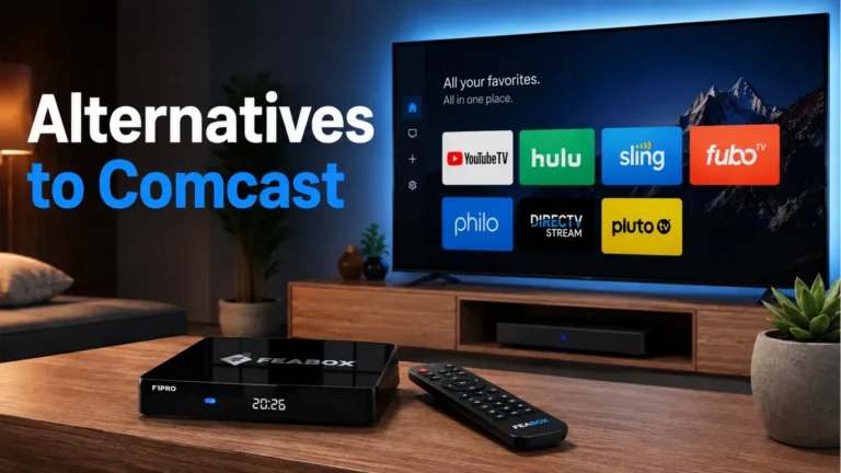 Alternatives to Comcast in 2026 with FeaBox streaming device and popular TV streaming services.
