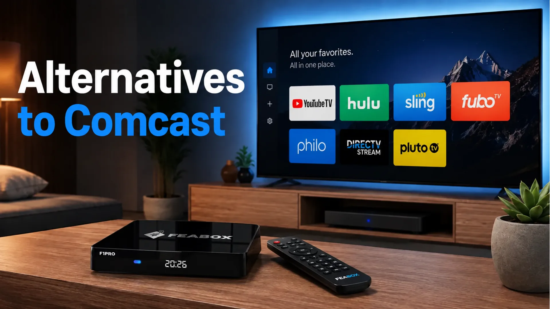 Alternatives to Comcast in 2026 with FeaBox streaming device and popular TV streaming services.