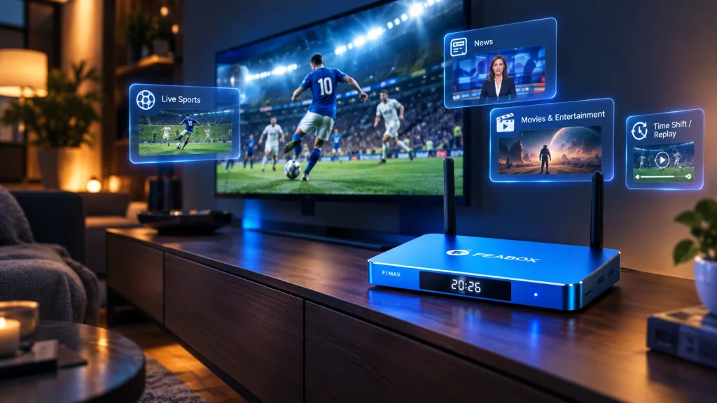 FeaBox F1 Max Android TV box for live sports and entertainment