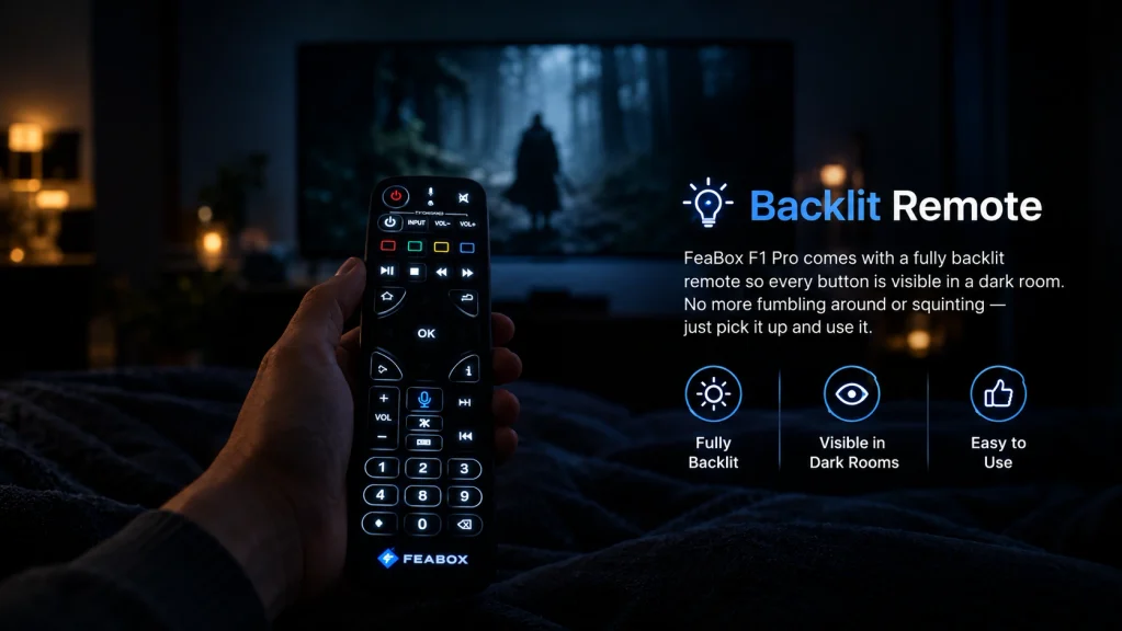 FeaBox F1 Pro backlit remote in a dark room