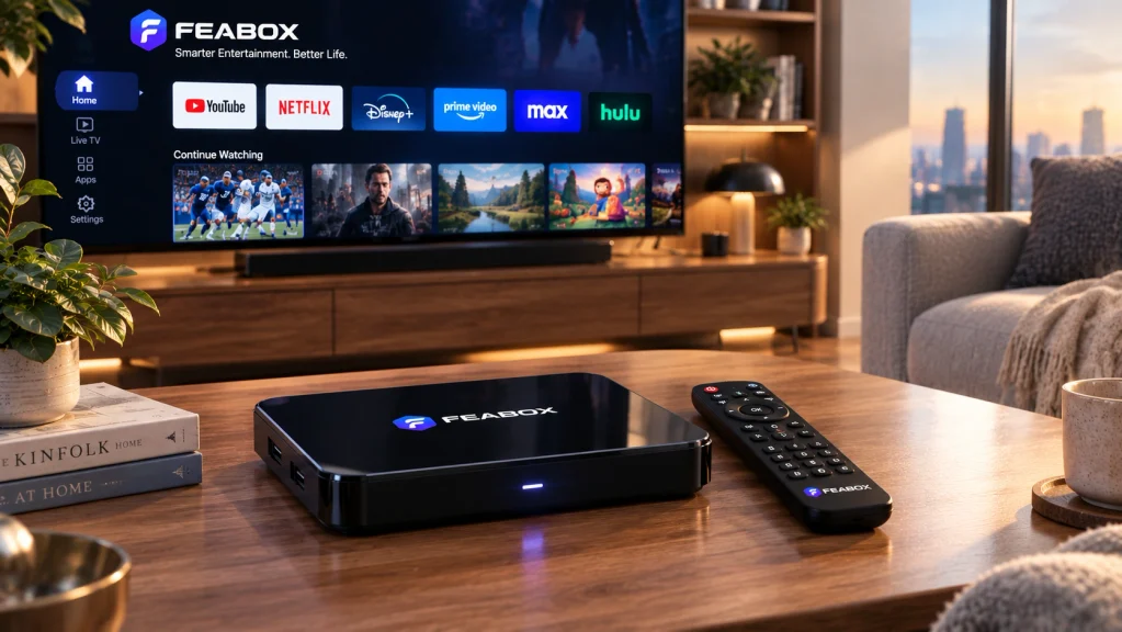 FeaBox TV box and remote in a modern living room setup with a smart TV streaming interface.