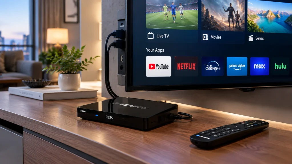 FeaBox vs vSeeBox setup with FeaBox F1 Pro connected to TV