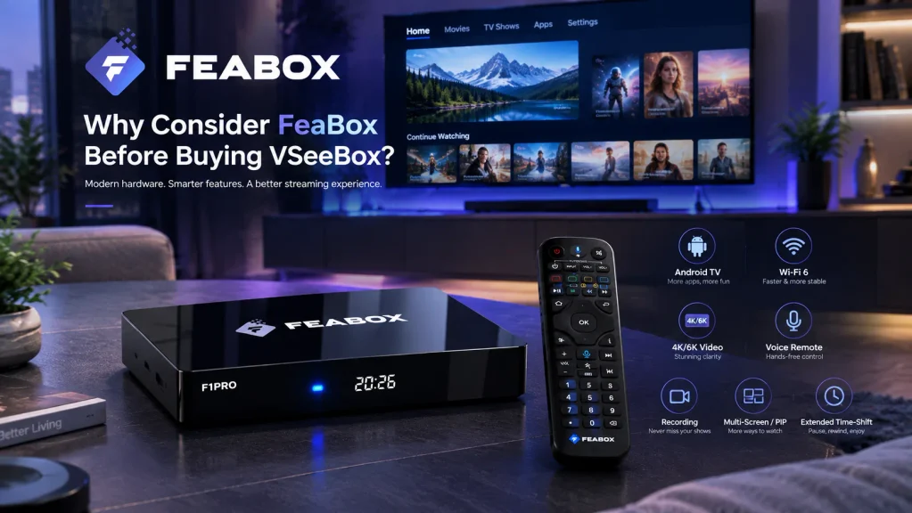 FeaBox F1 Pro TV box with voice remote and streaming features as vSeebox 