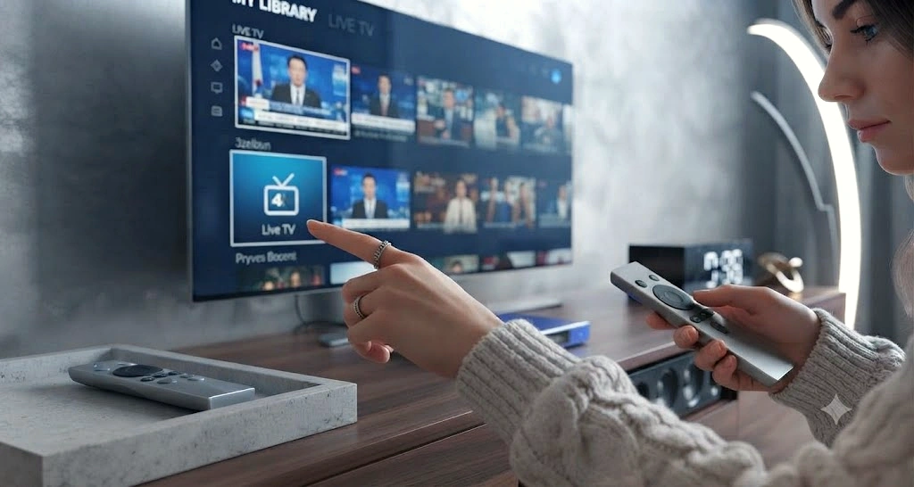 Woman using a remote to browse live TV channels on a FeaBox streaming setup.