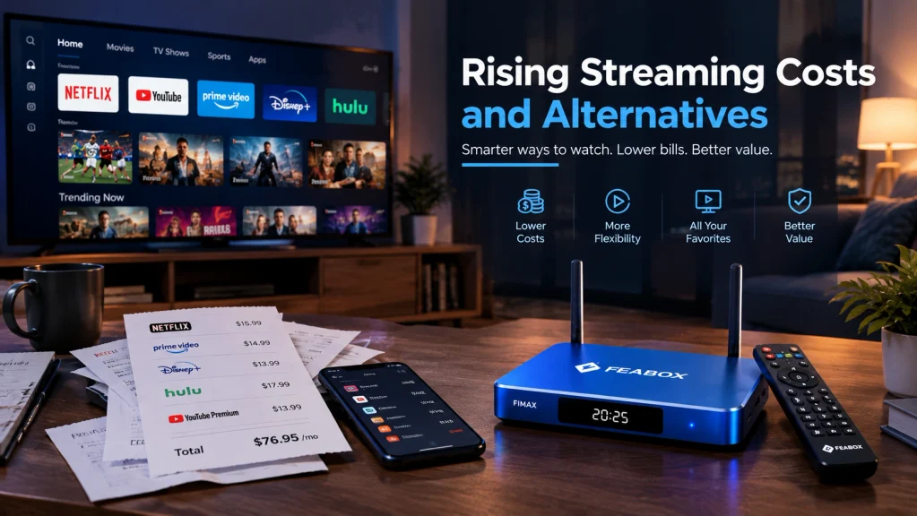 Rising streaming costs and alternatives with FeaBox F1 Max, streaming subscriptions, and monthly TV expenses