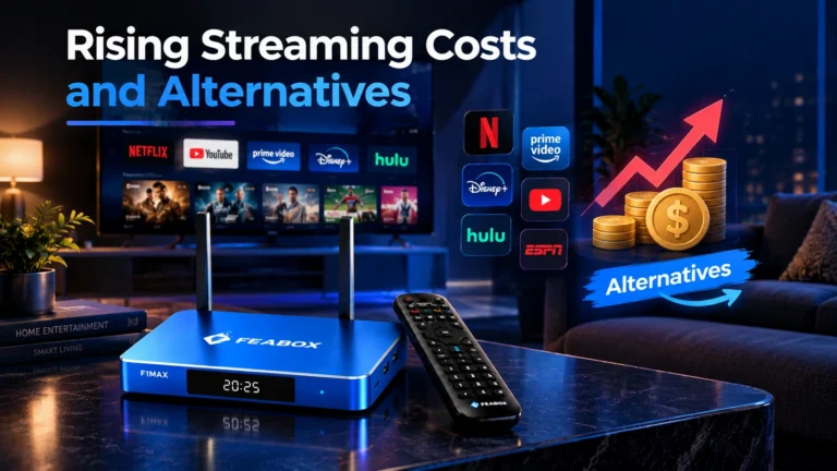 Rising streaming costs and alternatives with FeaBox F1 Max in a modern living room