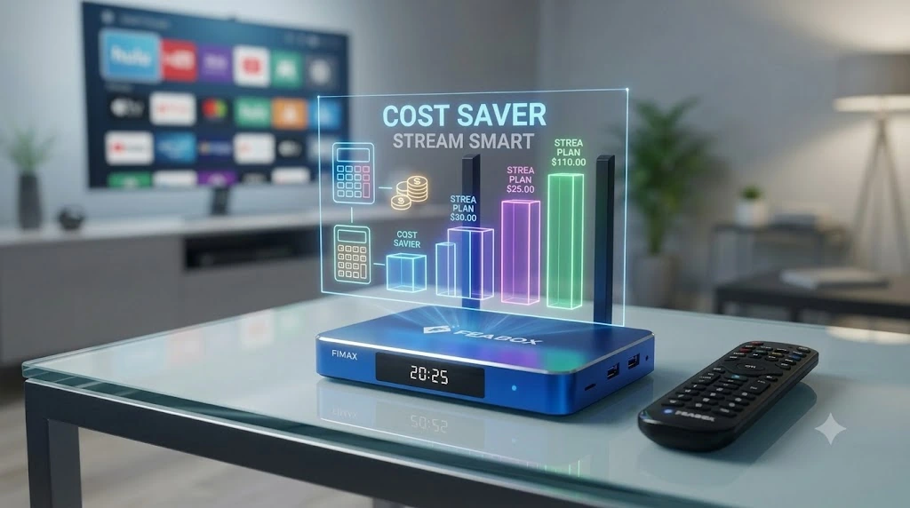 FeaBox F1 Max TV box with a cost-saving streaming plan comparison chart in a modern living room