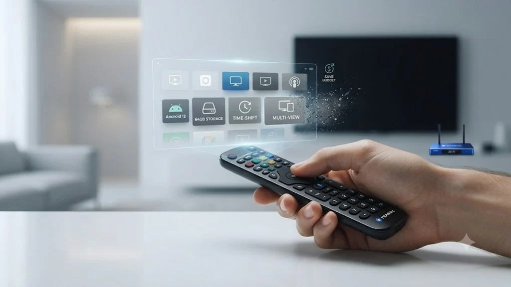 FeaBox TV box remote control showcasing Android 12, 64GB storage, Time-Shift, and Multi-View features 